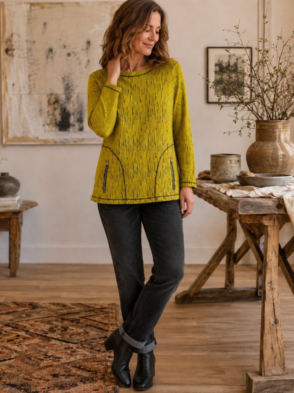 Ali Miles Crinkle Textured Stretch Zippered Pocket Top Large Abstract Artsy